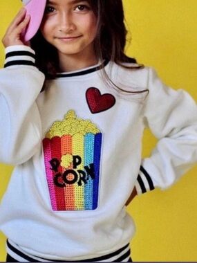 Lola & the Boys Girls' White Sequin Popcorn Sweatshirt - Size 8